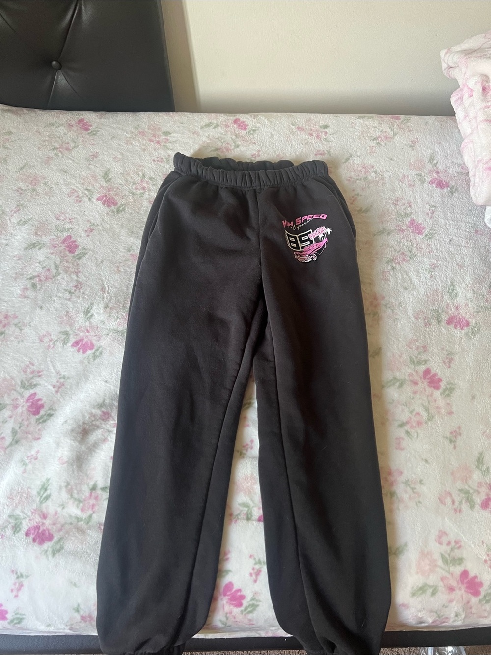 Kids Black Sweatpants with Pink Racing Graphic